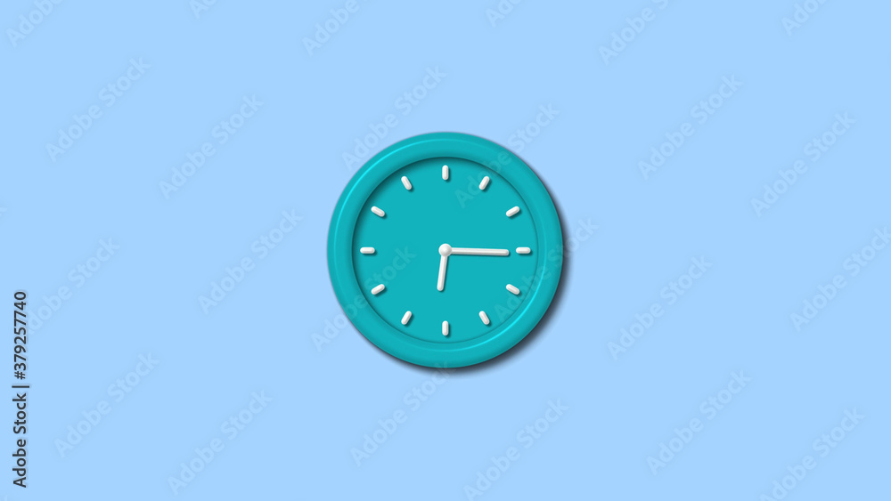 New cyan color 12 hours 3d wall clock isolated on aqua light background New cyan color 12 hours 3d wall clock isolated on aqua light background