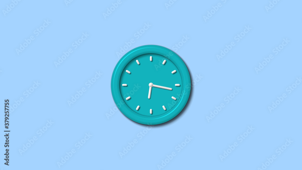 New cyan color 12 hours 3d wall clock isolated on aqua light background New cyan color 12 hours 3d wall clock isolated on aqua light background