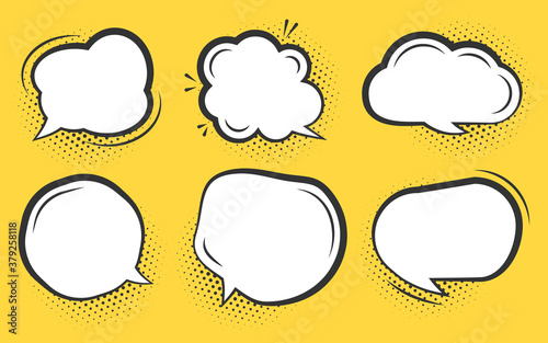 Comic speech bubble set. Cartoon empty text clouds with halftone dot shadow. Different shapes blank pop art line doodle bubbles. Comics message balloon template. Isolated on orange vector illustration