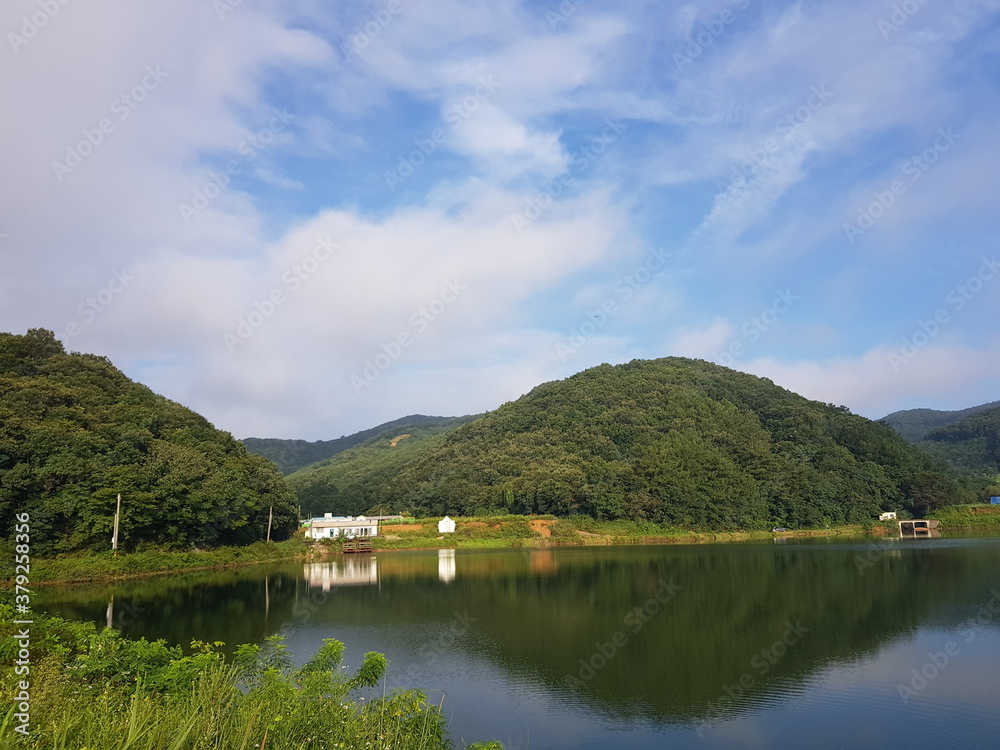lake and mountains with clear sky lake and mountains with clear sky
