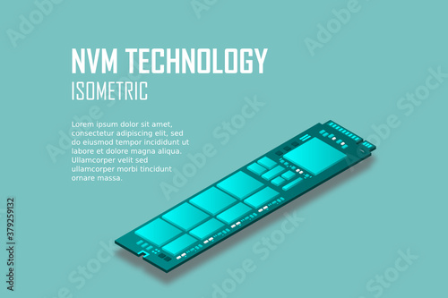 NVME Express M.2 memory realistic 3d isometric illustration, random access memory, personal computer hardware component, custom gaming and workstation accessories, vector illustration.