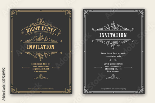 Vintage ornament greeting card vector template. Retro wedding invitation, advertising or other design and place for text. Flourishes ornamental frame and pattern background.