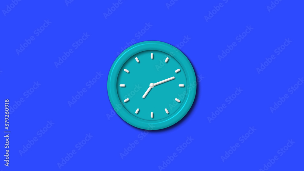 Cyan color 12 hours 3d wall clock on blue background Cyan color 12 hours 3d wall clock on blue background