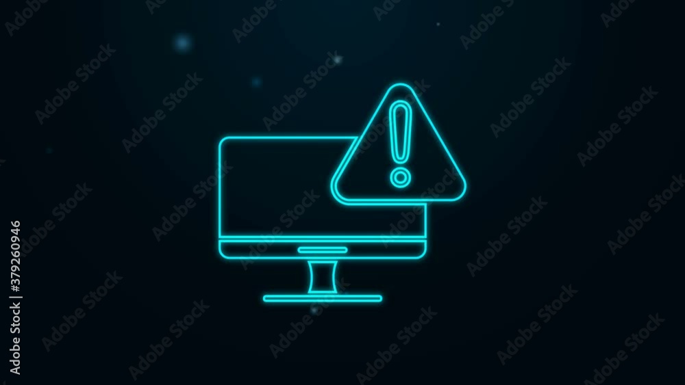Glowing neon line Computer monitor with exclamation mark icon isolated on black background. Alert message smartphone notification. 4K Video motion graphic animation Glowing neon line Computer monitor with exclamation mark icon isolated on black background. Alert message smartphone notification. 4K Video motion graphic animation
