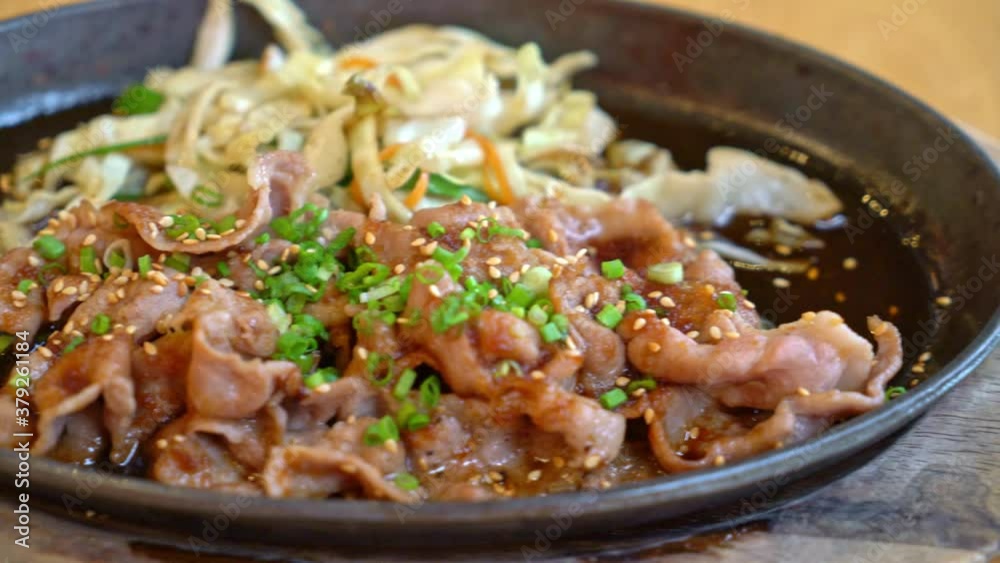 teriyaki pork in hot pan with cabbage - Japanese food style