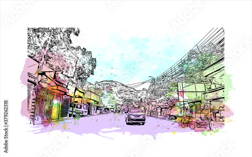 Building view with landmark of Barrackpore is a city in the West Bengal state of India. Watercolor splash with hand drawn sketch illustration in vector.