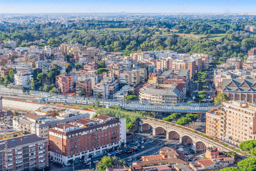 Aerial view of the park and houses of Rome, Italy