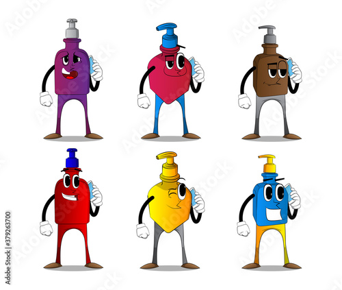 Cartoon bottle of hand sanitizer gel for hygiene with face talking on cell phone.
