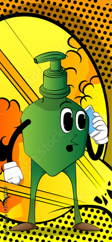 Cartoon bottle of hand sanitizer gel for hygiene with face talking on cell phone.