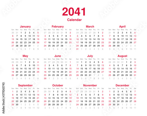 Calendar 2041 - 12 months yearly vector calendar - calendar planner template svg format