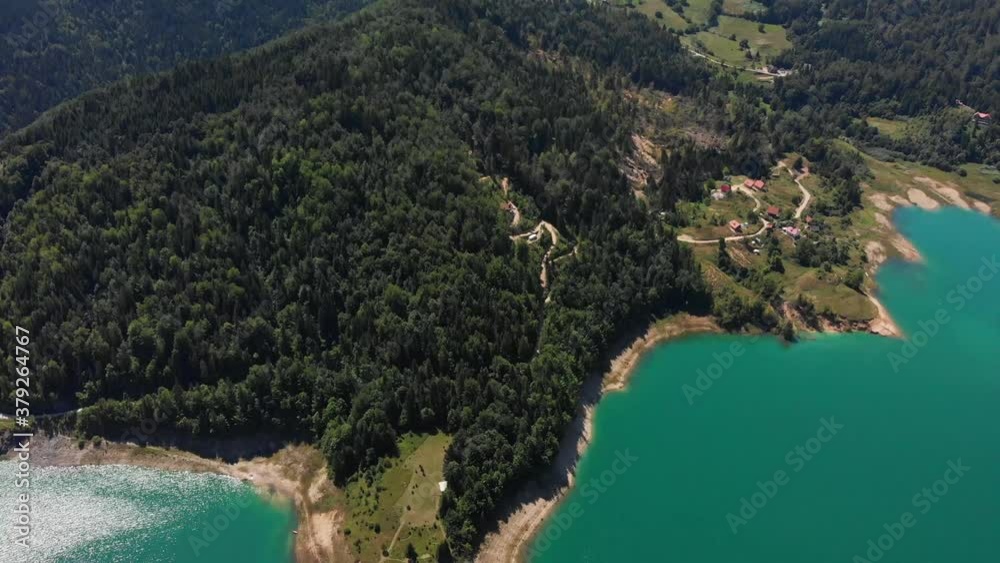 Aerial of Zaovine lake in Serbia and the surrounding woods in Tara National Park Aerial of Zaovine lake in Serbia and the surrounding woods in Tara National Park