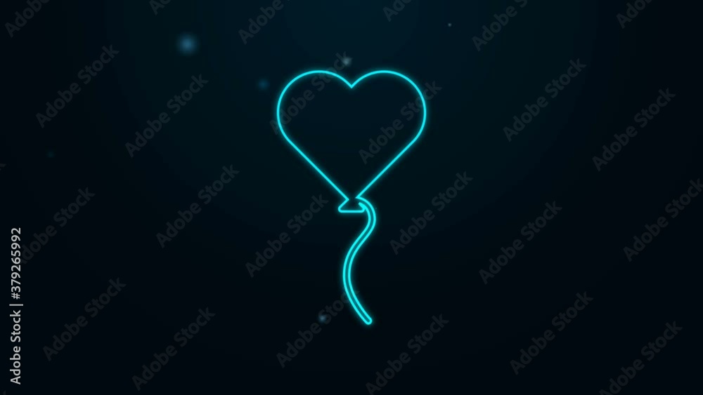 Glowing neon line Balloon in form of heart with ribbon icon isolated on black background. Valentines day symbol. 4K Video motion graphic animation