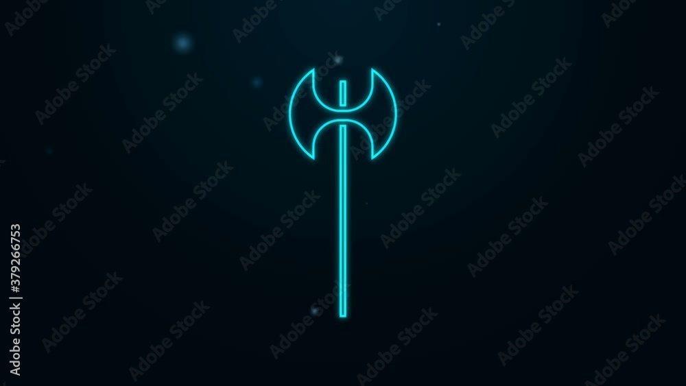 Glowing neon line Medieval axe icon isolated on black background. Battle axe, executioner axe. Medieval weapon. 4K Video motion graphic animation Glowing neon line Medieval axe icon isolated on black background. Battle axe, executioner axe. Medieval weapon. 4K Video motion graphic animation
