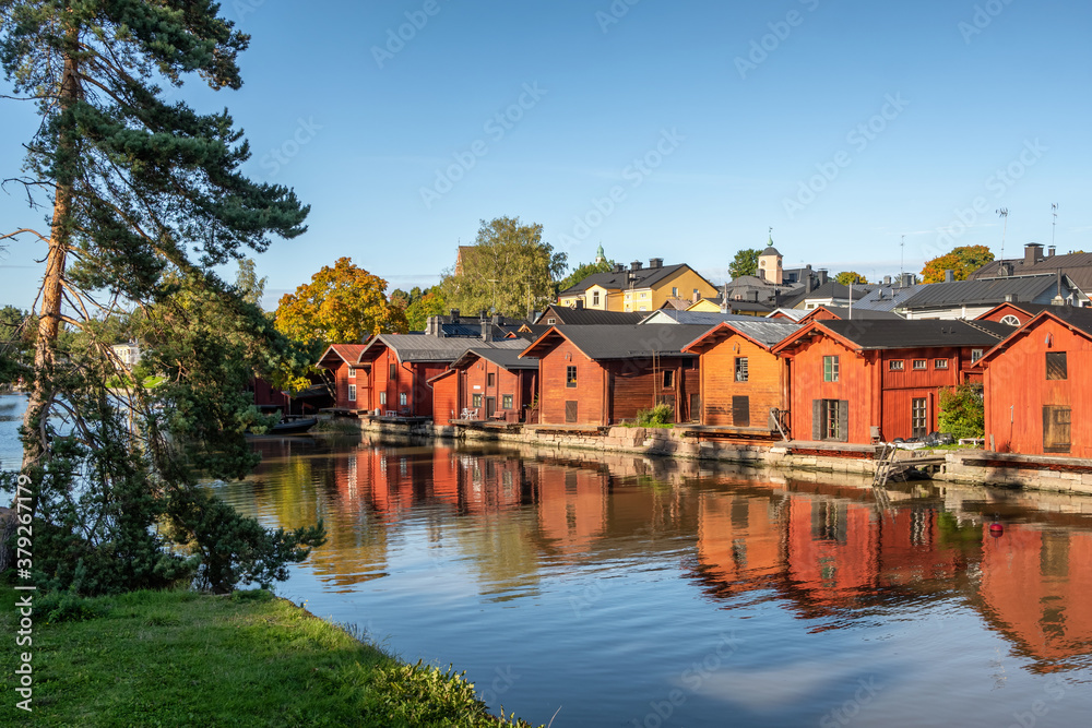 Old wooden red houses in old town of Porvoo, Finland