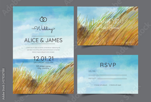 wedding cards, invitation. Save the date sea style design. Romantic beach wedding summer background