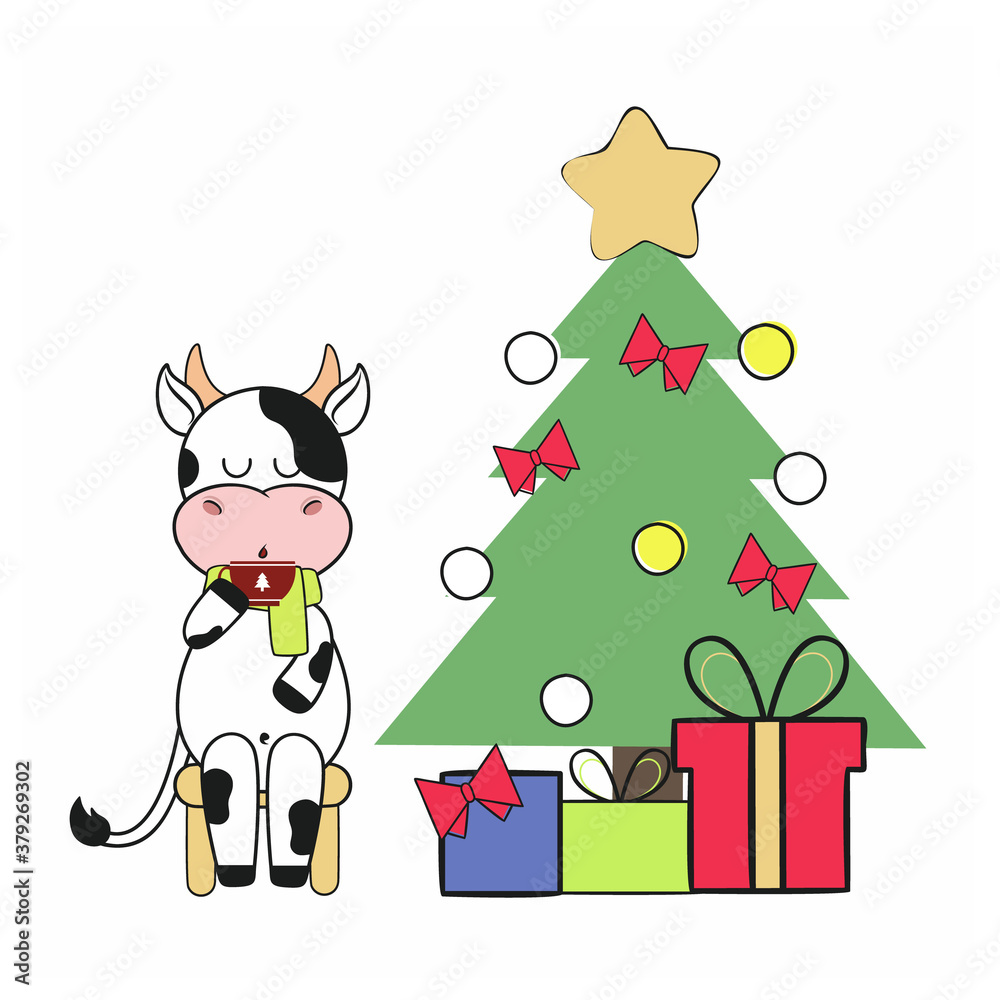 A cute bull is drinking tea next to a Christmas tree and gifts. Vector illustration of a cartoon for the New Year. Year Of The Bull 2021. Drawing for postcards, stickers, and holiday decorations.