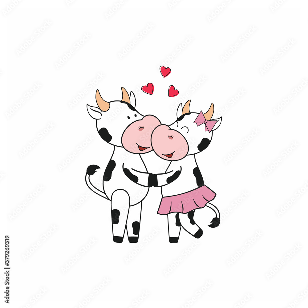Cute bull and cow hugging each other. Vector cartoon illustration for the Chinese year of the bull, Christmas, Valentine's day. Stickers for social networks, logo design, postcard. Cute bull and cow hugging each other. Vector cartoon illustration for the Chinese year of the bull, Christmas, Valentine's day. Stickers for social networks, logo design, postcard.