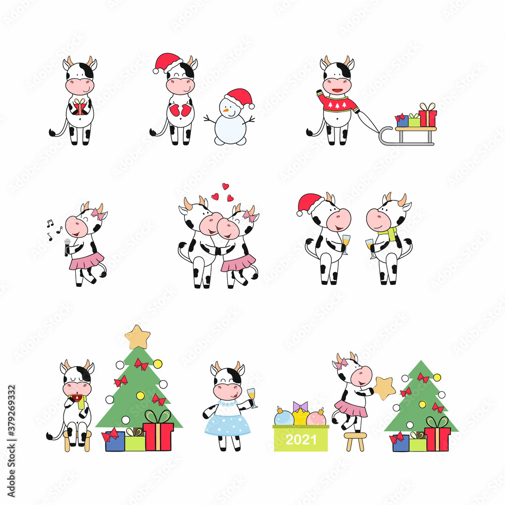 Christmas set with the symbol of the New year 2021. Merry bulls and cows dress up the Christmas tree, drink champagne, give gifts. Happy New year and merry Christmas. Icons with different bulls.