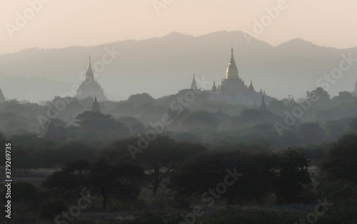 Sunrise landscape view with silhouettes of old temples, Bagan, Myanmar (Burma)