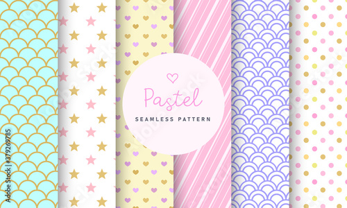 Sweet Pastel seamless pattern collection. Set of 6 colorful background with polka dot, stripe and simple symbol. Kawaii patterns vector for gift wrap, wallpaper, wrapping paper and fabric patterns. 