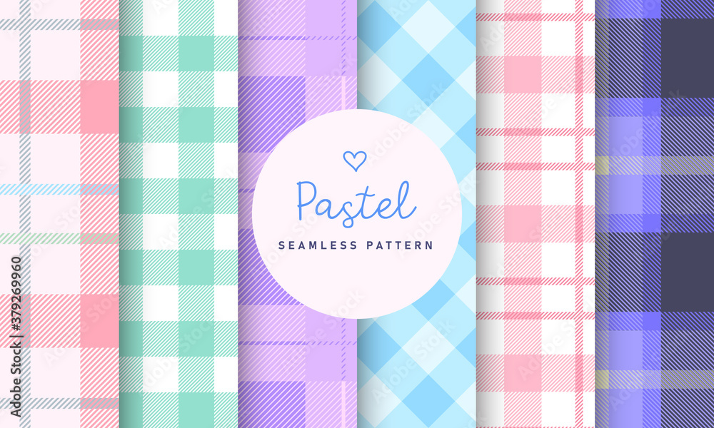 Pastel tartan check plaid seamless pattern collection. Set of 6 colorful background. Kawaii patterns vector for gift wrap, wallpaper, wrapping paper and fabric patterns. 