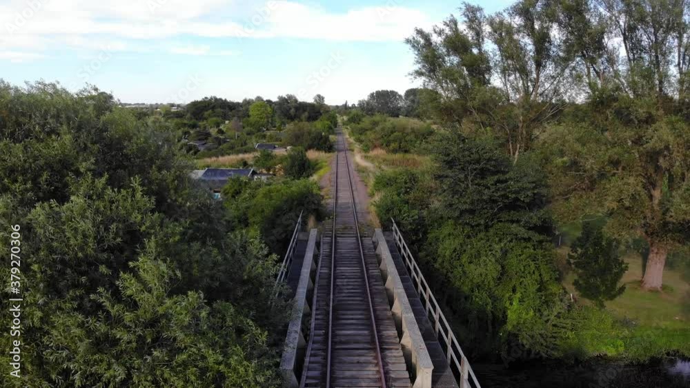 Drone flying over railroad in Swedish summer Drone flying over railroad in Swedish summer
