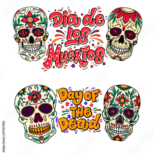 Dia de los muertos (Day of the dead). Lettering phrase with sugar skulls illustrations.  Design element for flyer, emblem, sign, poster, card, banner. Vector illustration