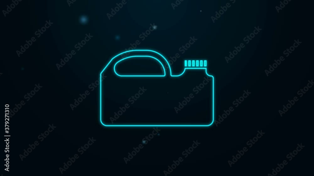 Glowing neon line Plastic canister for motor machine oil icon isolated on black background. Oil gallon. Oil change service and repair. 4K Video motion graphic animation