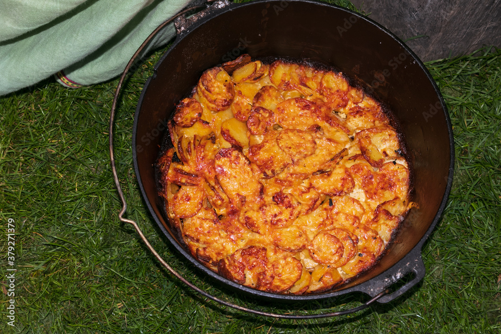 potato gratin in the dutch oven, outdoor cooking