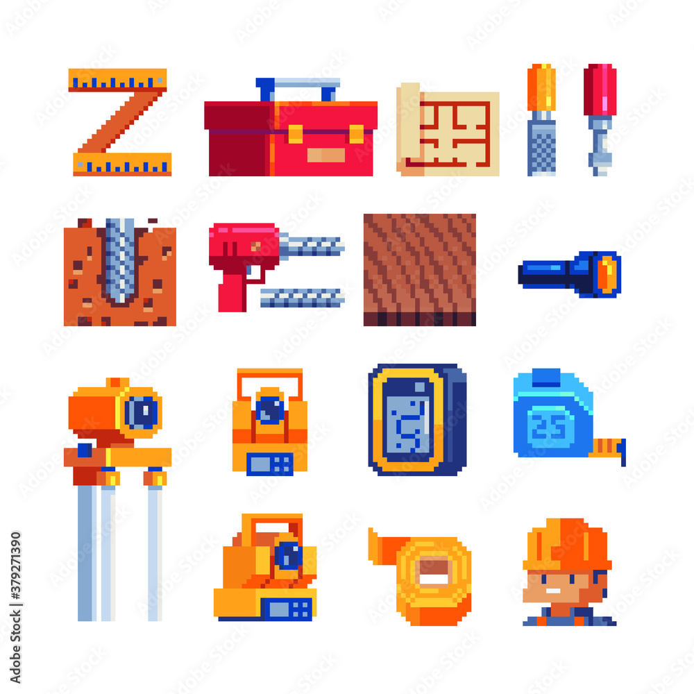 Building tools pixel art icons set. Isolated vector flat illustration ...