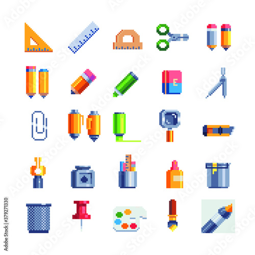 School stationery pixel art icons set. Design for mobile app, web, logo.  Isolated vector illustration. Office equipment, education and training. Game assets 8-bit sprite sheet. 