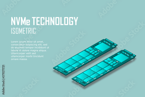 NVME Express M.2 memory realistic 3d isometric illustration, random access memory, personal computer hardware component, custom gaming and workstation accessories, vector illustration.