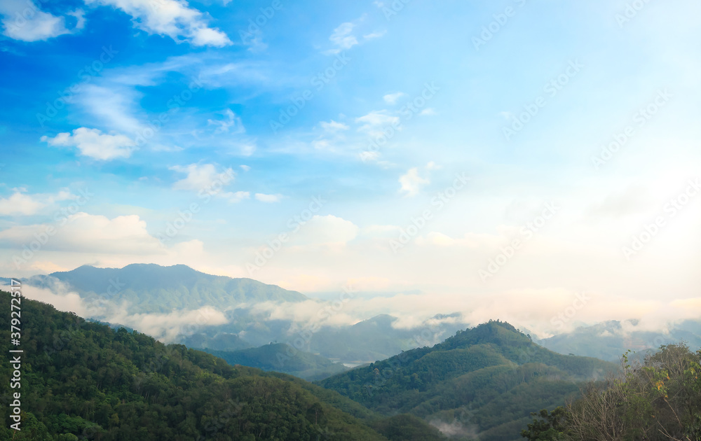 Blue sky on sunrise in the mountains landscape. View point at Ai You Weng, Bethong, Yala, Thailand, Asia Blue sky on sunrise in the mountains landscape. View point at Ai You Weng, Bethong, Yala, Thailand, Asia