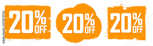 Set Sale 20% off banners, discount tags design template, extra promo, brush grunge, vector illustration
