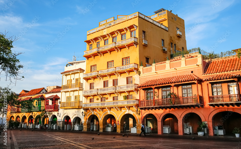 View to an ensemble of colorful historic buildings on a sunny day in Cartagena, Colombia, Unesco World Heritage

