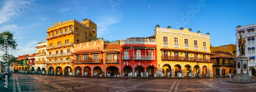 Panorama of an ensemble of colorful historic buildings on a sunny day in Cartagena, Colombia, Unesco World Heritage
