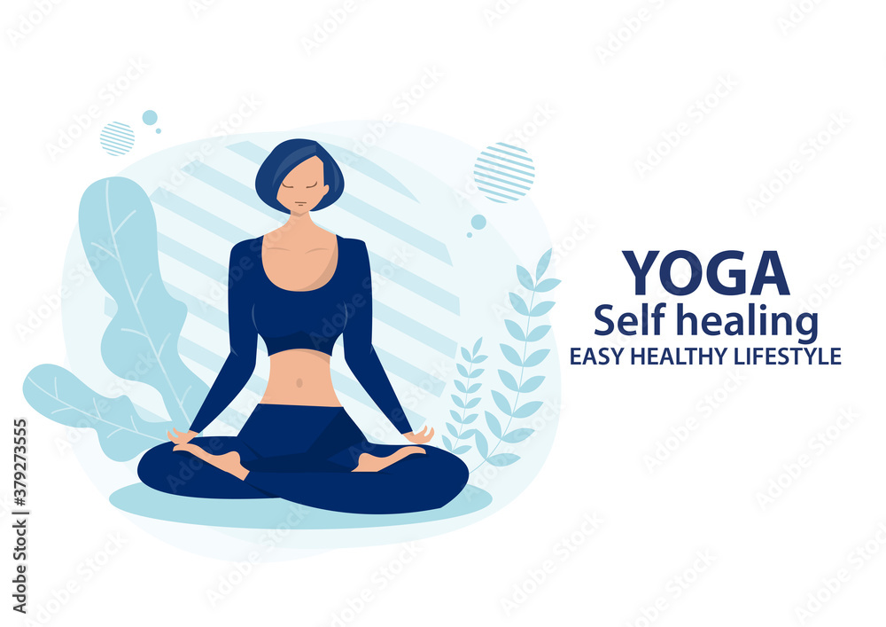 woman happy sitting in lotus yoga asana pose controlling emotions on isolate  Vector flat illustration.