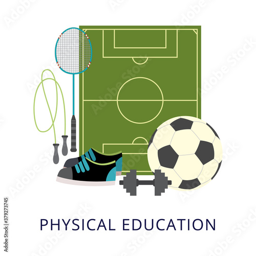 Physical education school subject poster with sport equipment