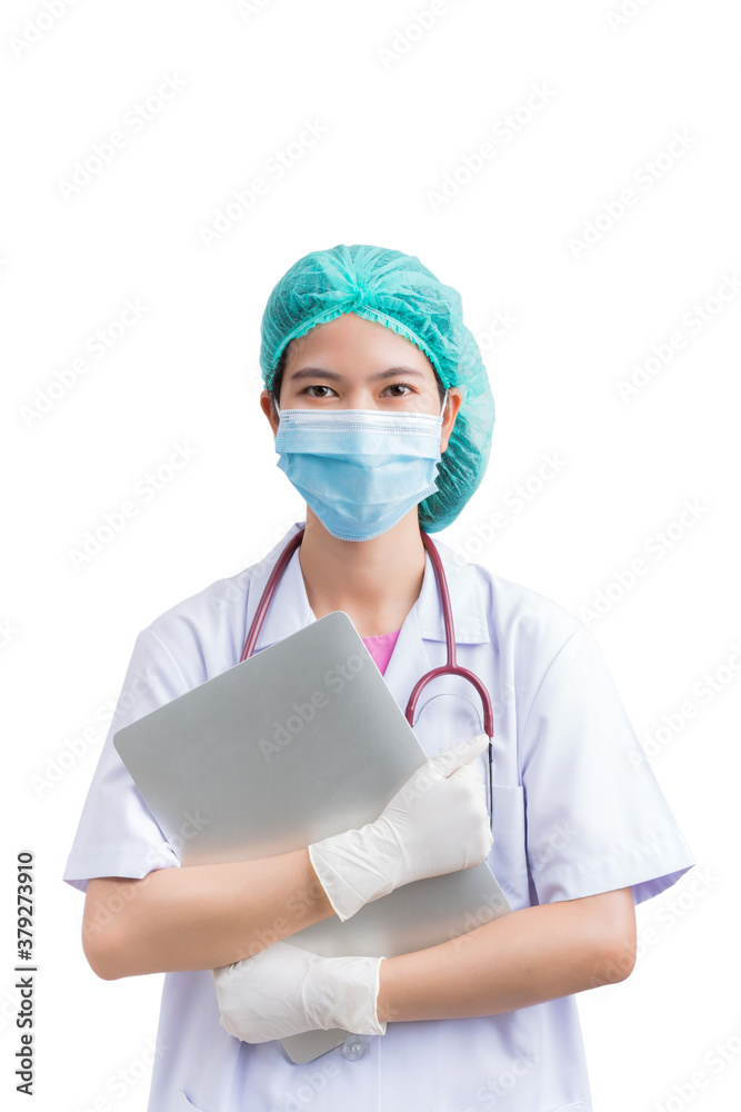 Portrait of Medical physician doctor or nurse uniform wearing surgical mask with computer notebook isolated on white background, mature female medical nurse or practitioner with stethoscope Portrait of Medical physician doctor or nurse uniform wearing surgical mask with computer notebook isolated on white background, mature female medical nurse or practitioner with stethoscope