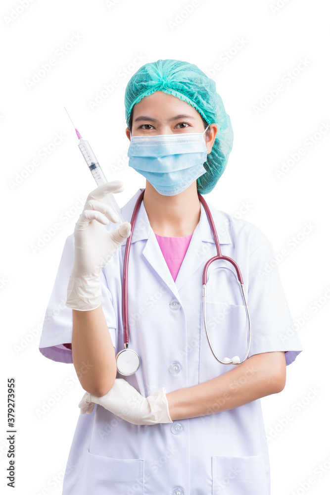 Medical physician doctor or nurse uniform wearing surgical mask and vaccine dose flu shot drug syringe isolated on white background, medical nurse or practitioner with stethoscope Healthcare concept Medical physician doctor or nurse uniform wearing surgical mask and vaccine dose flu shot drug syringe isolated on white background, medical nurse or practitioner with stethoscope Healthcare concept