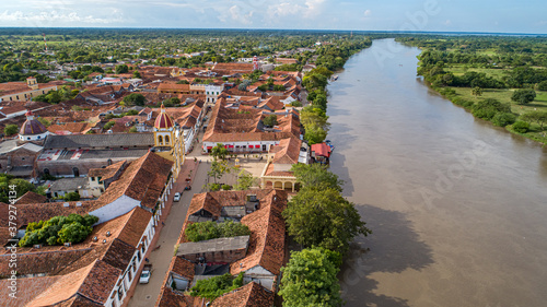 Aerial view of the historic town Santa Cruz de Mompox and river in sunlight, Colombia, World Heritage