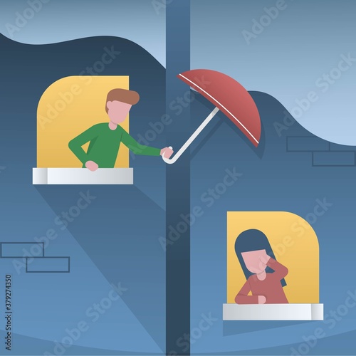 emotion empathy,
Sympathy,communication skills,Men opening umbrellas for women while it's raining,woman crying and sad,happened by the window on the apartment next to it,Vector illustration.