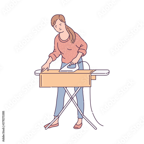 Housewife woman ironing clothes on board isolated on white background.