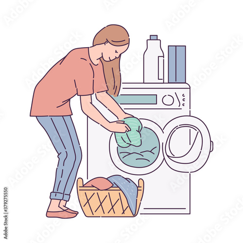 Housewife putting laundry into washing machine, sketch vector illustration.