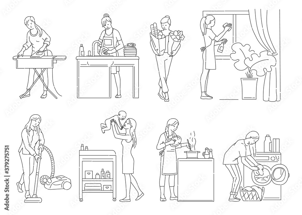Housewife busy with housework and childcare set of outline vector illustrations. Housewife busy with housework and childcare set of outline vector illustrations.