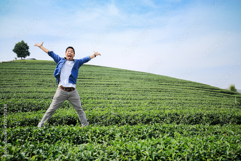 Fototapeta premium A happy man is jumping happily in tea plantation with hill and blue sky background. Wide angle shot.