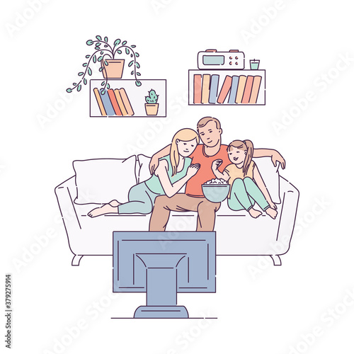 Family hugging on sofa and watching a TV, sketch vector illustration isolated.