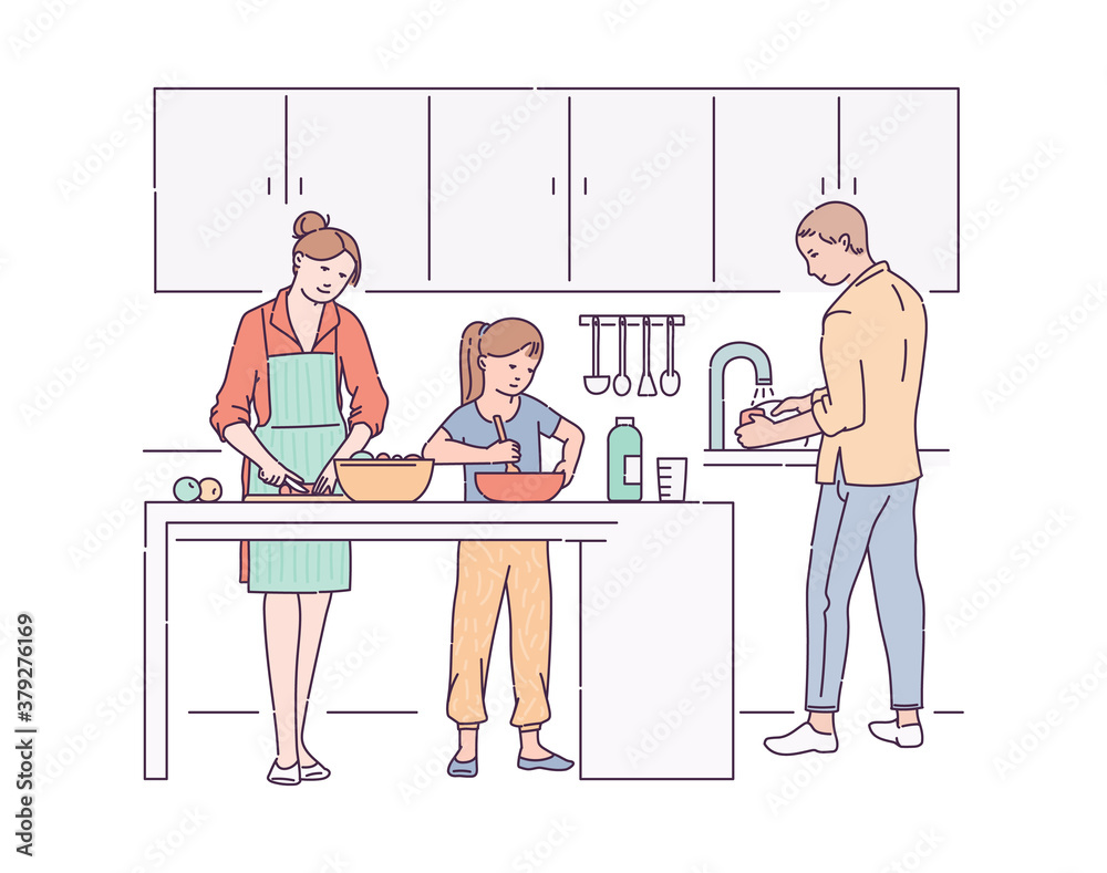 Family routine and daily domestic chores sketch vector illustration isolated.