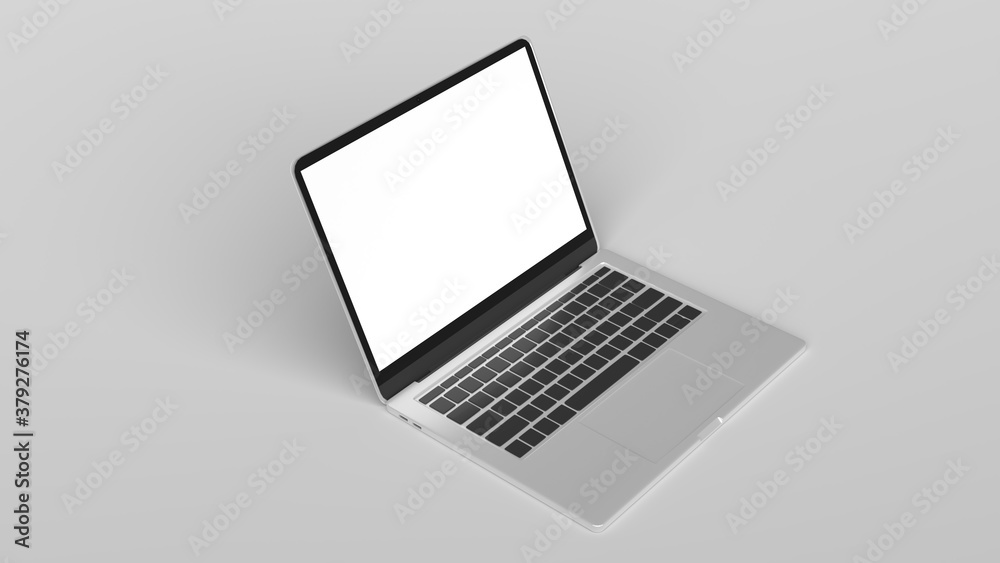 Laptop in angled position with blank screen isolated on grey background. Laptop mockup template. 3D Rendering Laptop in angled position with blank screen isolated on grey background. Laptop mockup template. 3D Rendering