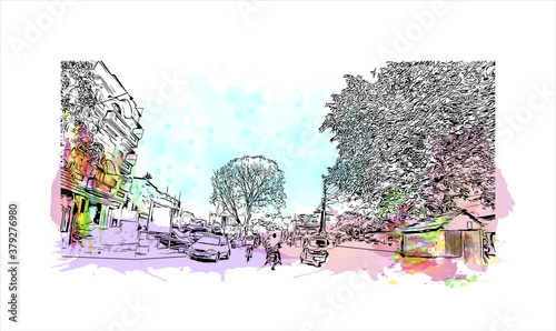 Building view with landmark of Barrackpore is a city in the West Bengal state of India. Watercolor splash with hand drawn sketch illustration in vector. photo